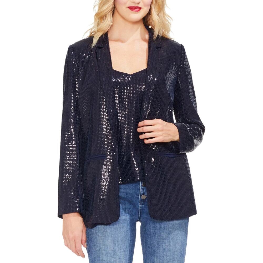 Vince Camuto Women's Sequin Party Cocktail Blazer Jacket Size 10 Navy Blue